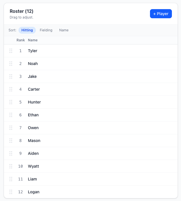 Screenshot: Coach team page showing full roster with player names and ranking order