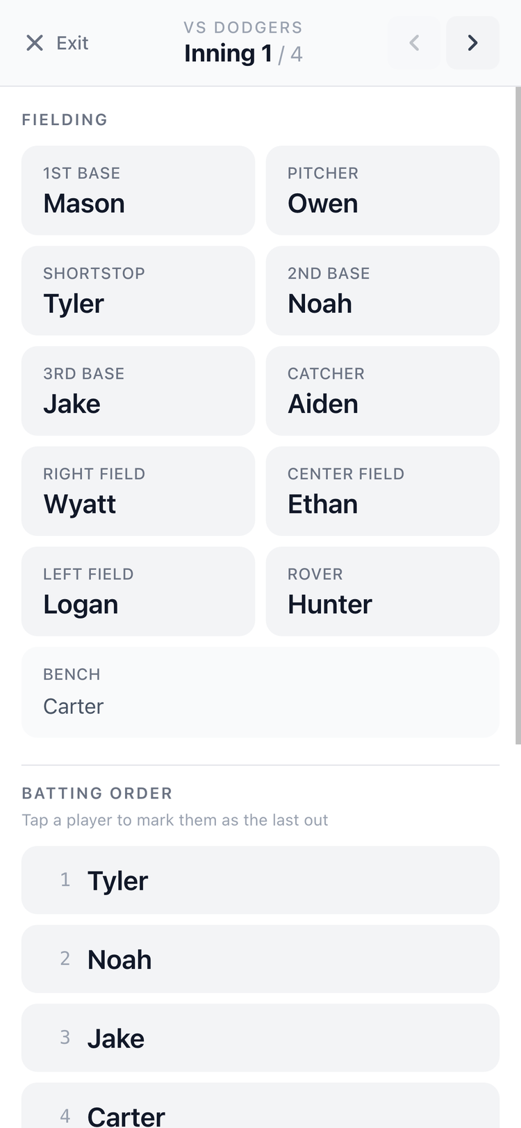 Screenshot: GameCard Live In-Game Fielding and Batting Lineups