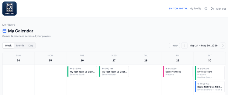 Screenshot: Parent view of a calendar with all player events.