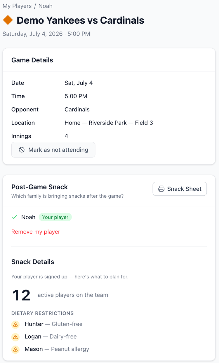 Screenshot: Parent view of game details with snack information