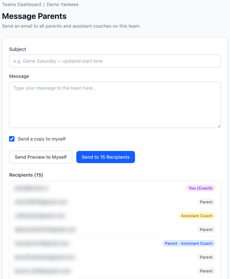 Screenshot: Coach message form to send message to all parents.