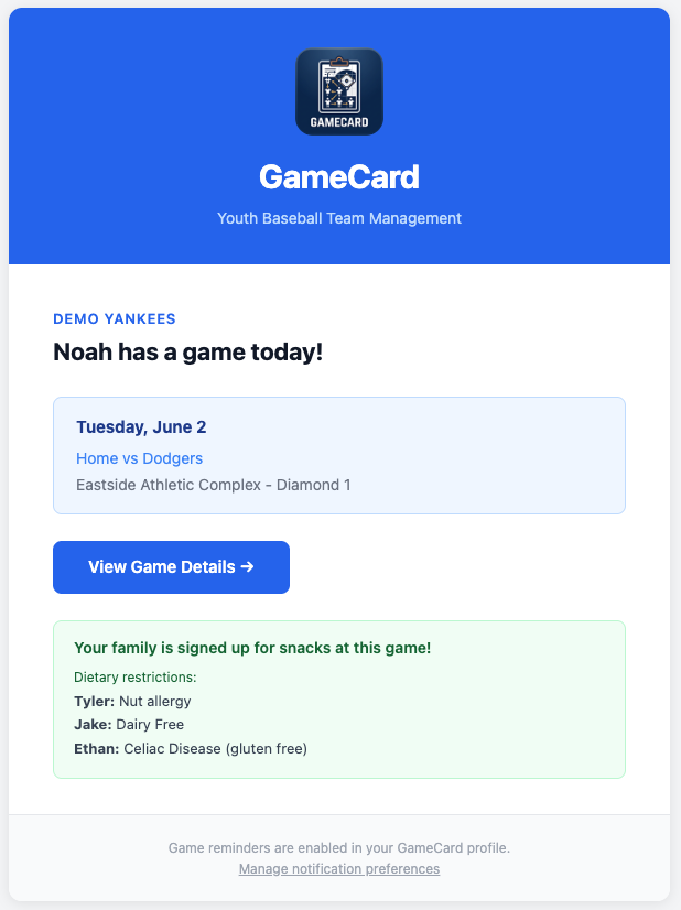 Screenshot: A reminder email for a parent with snack details.