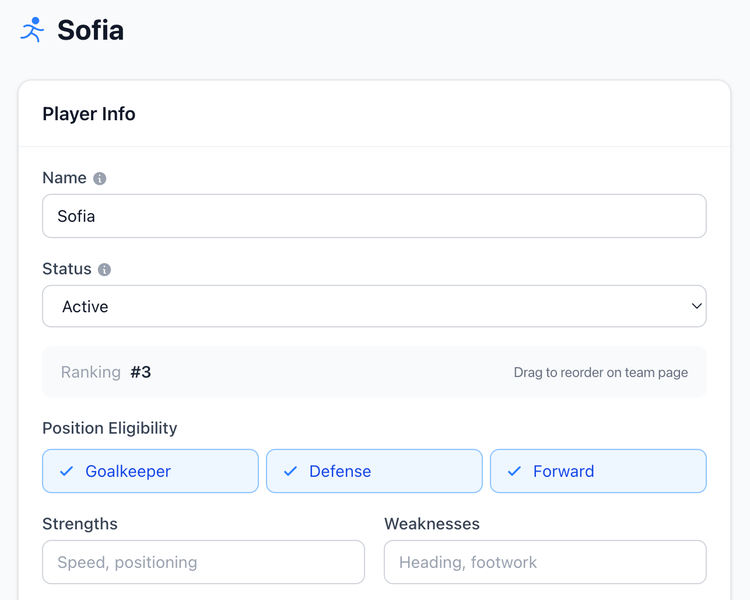 Screenshot: Player profile showing goalkeeper eligibility