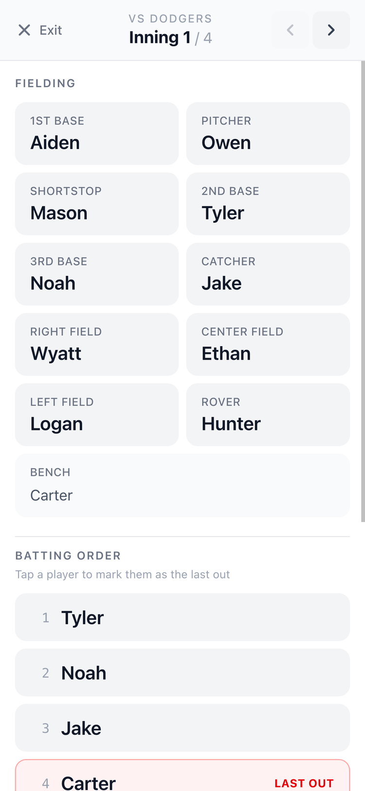 Screenshot: In-Game Mode showing full-screen lineup with big text