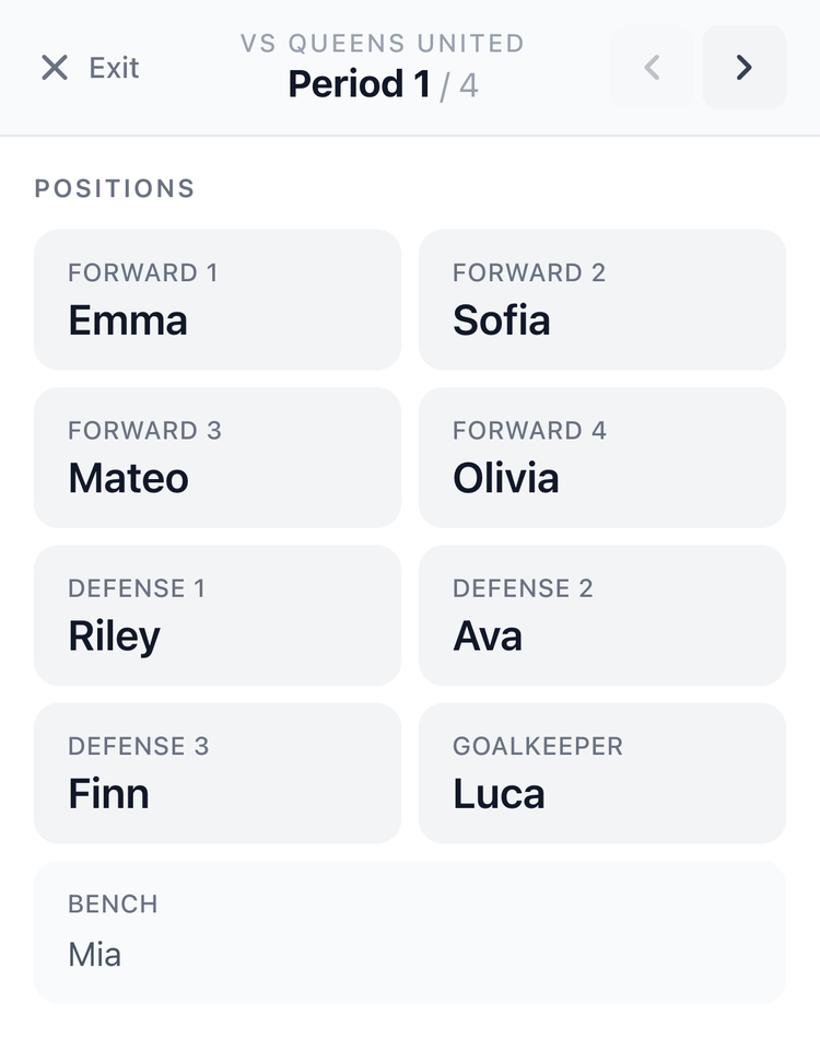 Screenshot: In-game mode showing soccer position assignments for the current rotation
