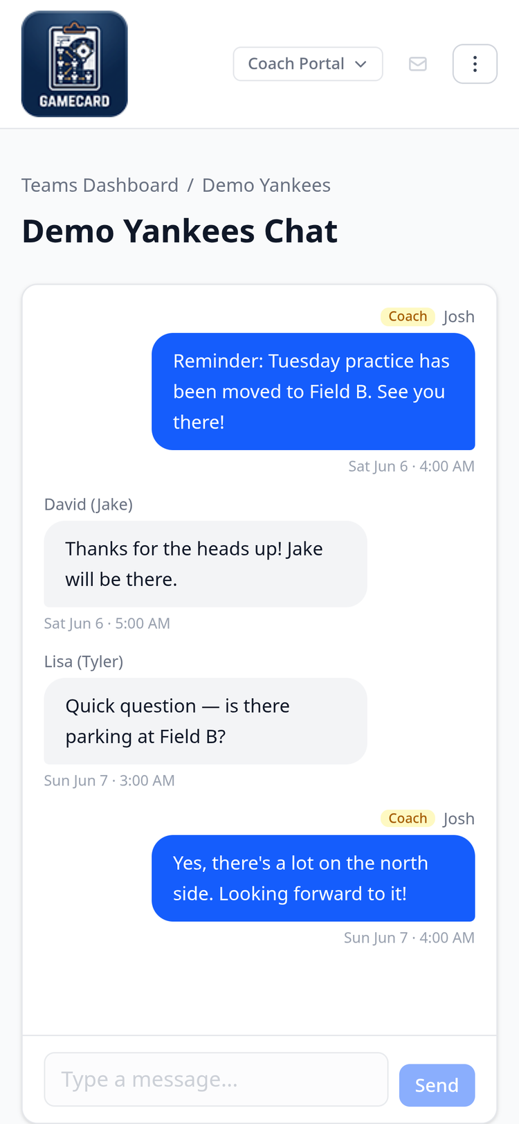Screenshot: Team chat thread showing coach message and parent reply in chronological order with timestamps