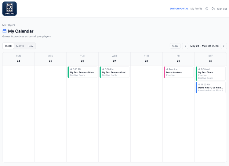 Screenshot: Parent calendar showing games and practices across baseball and soccer teams