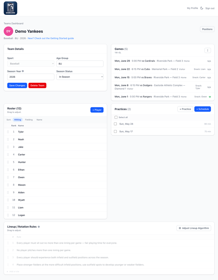 Screenshot: GameCard Team Details Page