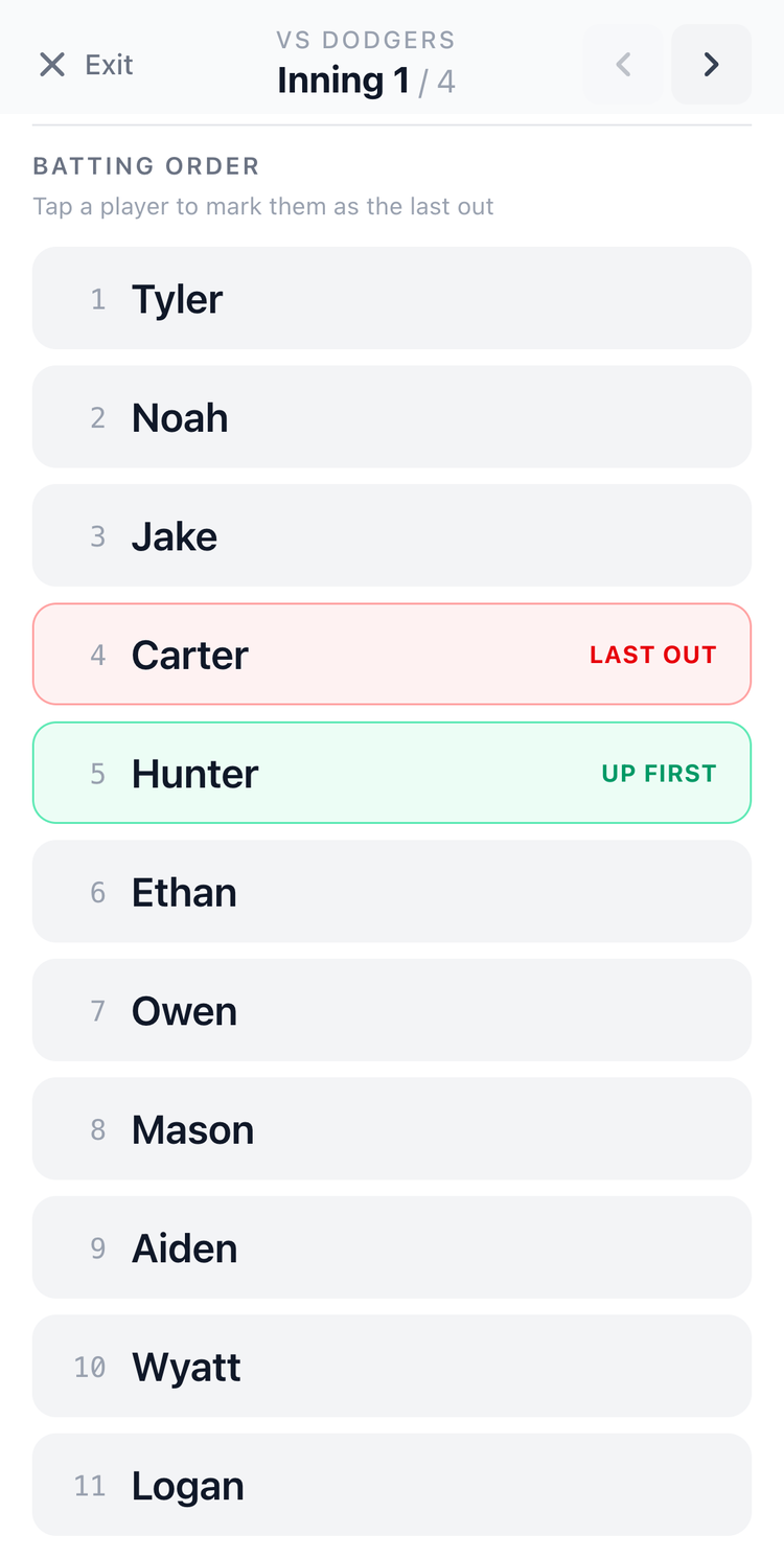Screenshot: In-Game Mode showing batting order with current batter highlighted
