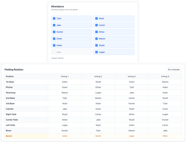 Screenshot: Player attendance available at any time before or during a game.