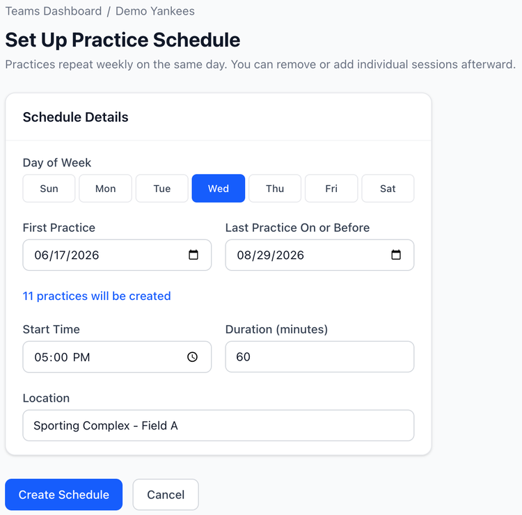 Screenshot: Coach practice scheduler screen